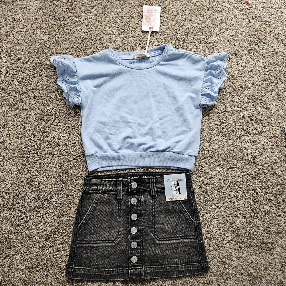 NWT Black Jean Skirt AND Ruffle Crop Top SET. Sz 4/5-5 Jessica Simpson Cat&Jack